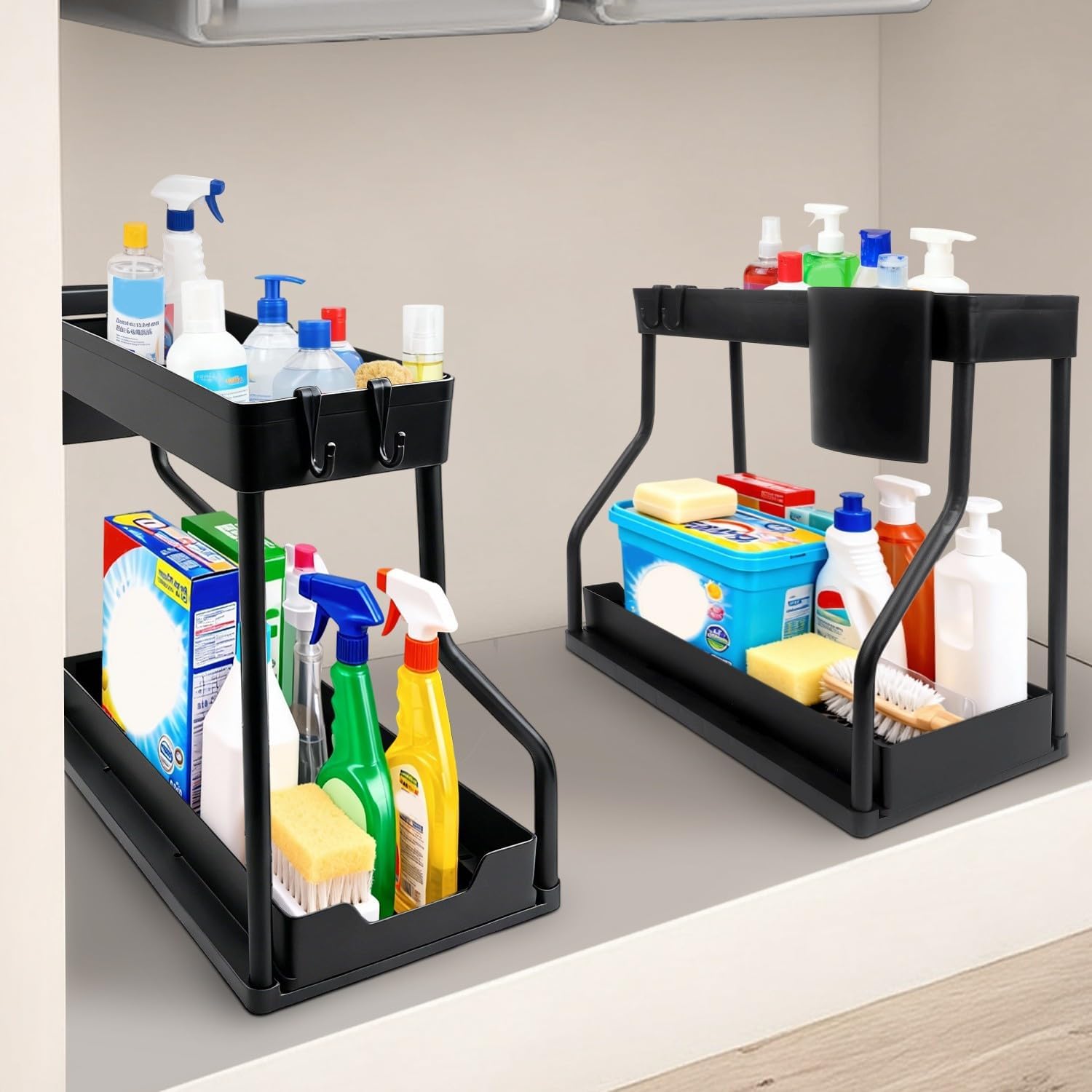 2-Layer Pull-Out Storage Rack with Adjustable Divider Drawer Organizer Large-Capacity Sliding Shelf for Kitchen & Bathroom Space-Saving Dish Rack Dual-Layer Under Sink Storage Plastic Organizer with Hook for Cabinet Storage