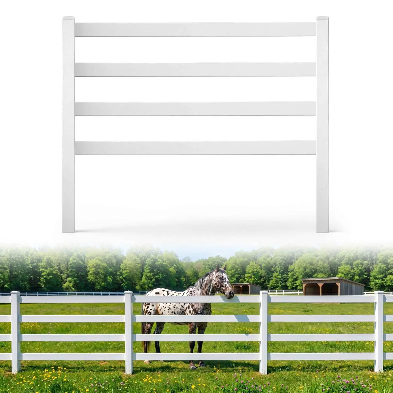 Fencer Wire 4-Rail Vinyl Ranch Fence Kit, 5ft H x 48ft W, White PVC Fence System with 7ft Posts & 8ft Rails, UV-Resistant, Easy Installation, Durable Outdoor Fencing for Ranch, Yard & Farm