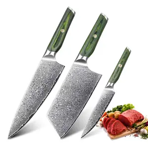 Damascus Knife Set 3Piece - Professional Chef Knife Set with  VG10 Steel Core - Ultra Sharp Kitchen Knives and Full Tang Wood Handle - Meat Cleaver Vegetable, Paring & Slicing/Paring Utility Knives