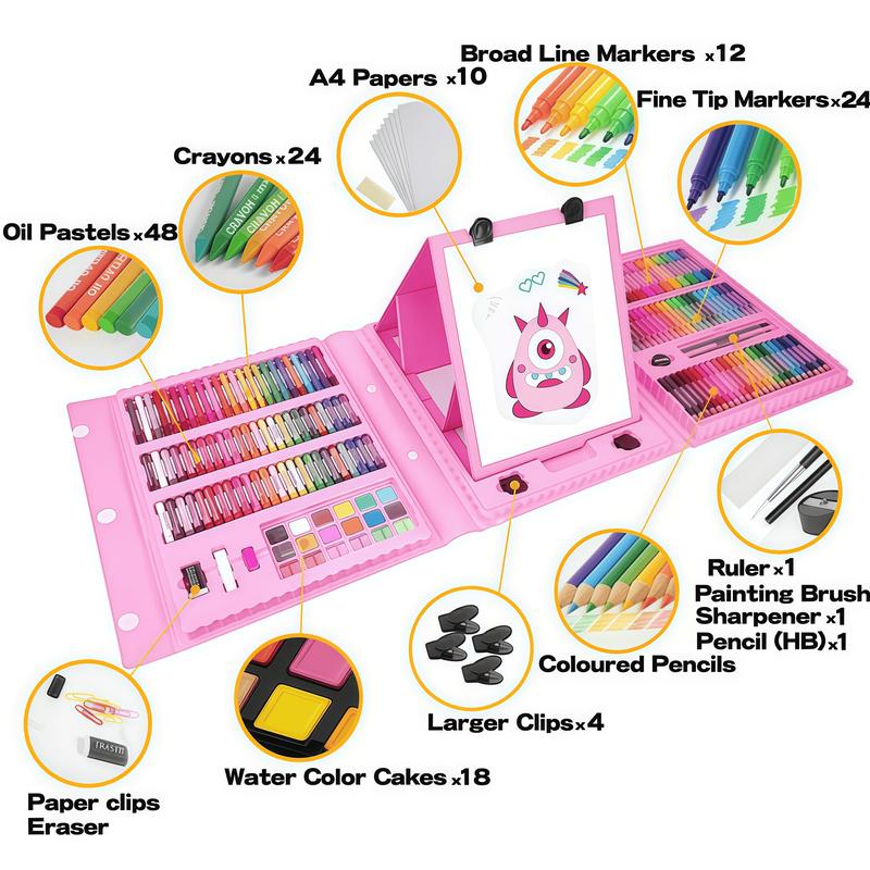 Art Supplies, 208-Piece Drawing Art Kit, Gifts for Kids Girls Boys Teens, Art Set Crafts Case with Double Sided Trifold Easel, Includes Sketch Pads, Crayons, Colored Pencils (Pink)