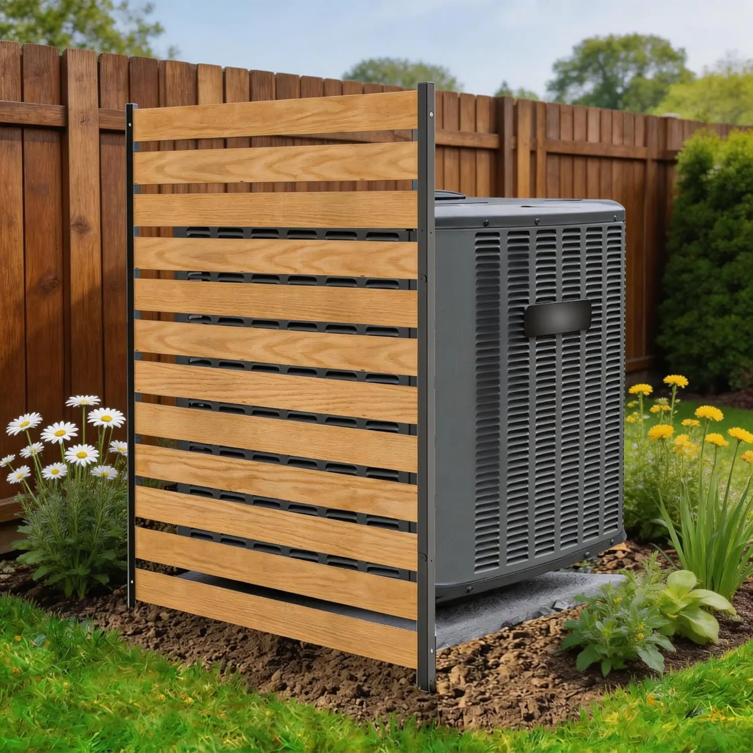 ABORON 38" W x 60" H No-Dig Solid Wood Privacy Fence Panel with Metal Protective Caps, Wind-resist Stakes - Outdoor Windproof AC Enclosure, Garden Privacy Screen, Home Decor & Design Solution with Natural Finish