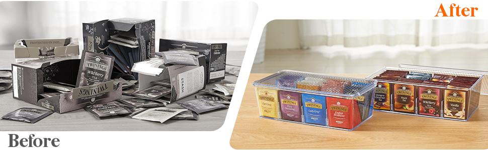 Lifewit Plastic Stackable Tea Bag Organizer, Storage Box for Kitchen Cabinets, Countertops, Pantry, Holds Coffee Pods, Sugar, Salt & More