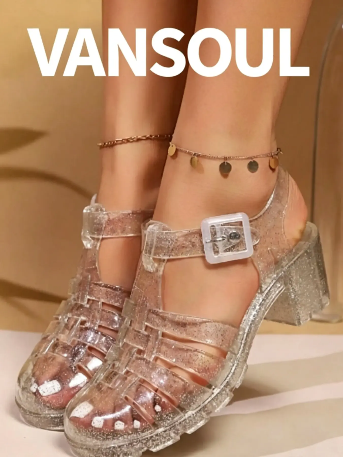 Vansoul Beach Shoes, Sparkly Crystal Jelly Sandals, Hollow Out Roman Slippers, Thick Sole Summer Footwear for Women, Student Shoes, High Platform Sandals, Fashionable Comfy Sandals, Fashionable Glitter Sandals