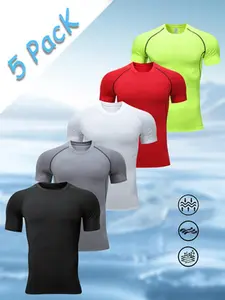 This set of 5 plain-colored short-sleeved sports tops for teenagers features a knitted crew neck design, making them casual and versatile.  The fabric is smooth and durable, suitable for everyday wear and outdoor activities in the summer