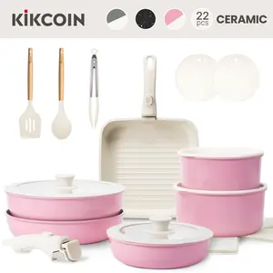 [Ceramic Pro]Kikcoin Non-Toxic Multifunctional Non-Stick 22pcs pots and pans set,complete Cookware Set with Lids,RV cook, Detachable Handle,PFASFree,Healthy,milk pan,Easy Care,Outdoor Compatible Stackable,Nonstick Induction,Easy Care,Kitchen,New Year,gift