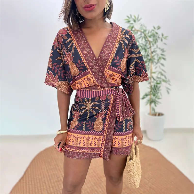 ChicMe Women's Tropical Print Romper V Neck Wrap Knot Side Jumpsuit Half Sleeve Beach Vacation Summer Skorts Romper