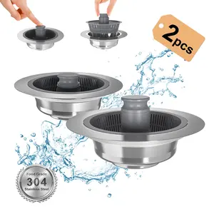 2PCS 3-in-1 Kitchen Sink Drain Strainer Stainless Steel Sink Plug Deodorizing Anti-Clog Basket Strainer for US Standard 3-1/2 Inch Drains 304 Stainless Steel Quality