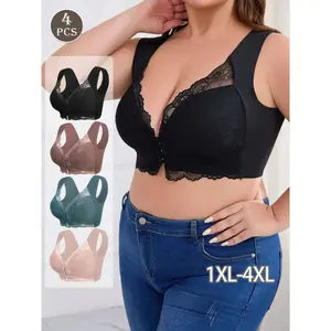 【Plus Size】4 Pack Women's Elegant Floral Lace Push-Up Bra, Comfortable Wireless Design, Medium Support, Fashion Front Buckle, Wide Straps, Perfect for Daily Wear