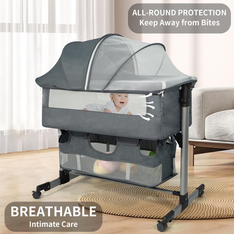 Baby Bassinet Bedside Crib Sleeper, Rocking Bassinet with Breathable Mesh Mattress Mosquito Net Adjustable Height Storage Net Bag Wheels Easy Folding Portable Bed for Infant Newborn