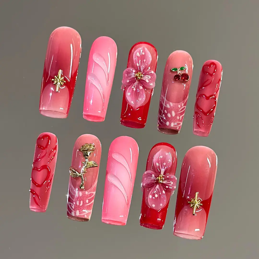 NailVesta RUBY BLOOM – 100% Handcrafted 3D Press-On Nails | Reusable, Long-Lasting, Salon-Quality