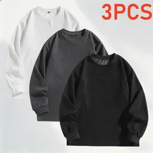 (three-piece package) American trend composite corduroy spring and autumn men's crew neck sweater, loose casual men's long-sleeved top bottoming shirt, suitable for daily travel wear, and can be worn inside.