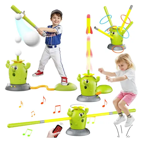 Cactus-Shaped 4-in-1 Remote Control Kids Toy Set - Age 3+ Fun Set, Baseball Equipment, Rocket Launcher, Musical Bouncing, Ring Toss, Multi-Game Mode, Children Development Indoor/Outdoor Sports Toy for 3-7 Yrs Unisex
