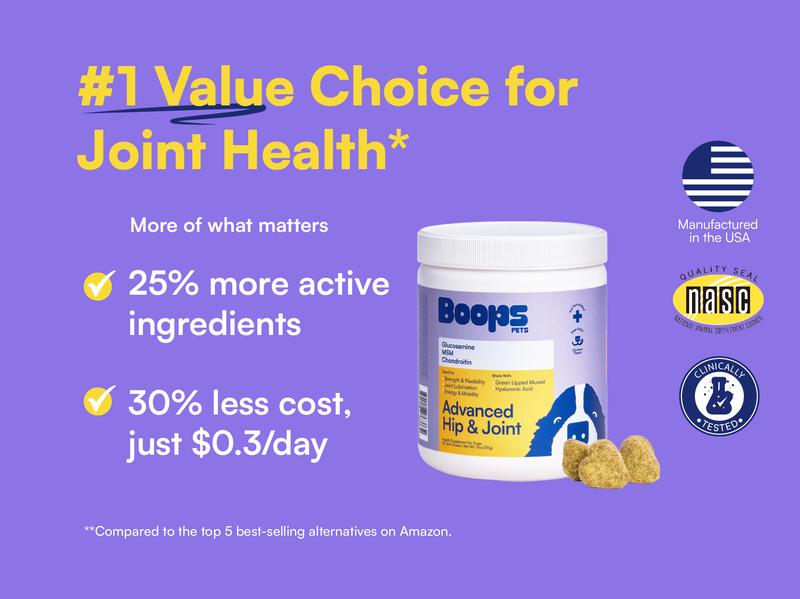 Boops Pets Advanced Hip & Joint Soft Chews - 90 soft chews - Glucosamine, MSM, Chondroitin, Green Lipped Mussel, Hyaluronic Acid - Made in the USA with Real Pasture-Raised Chicken and Real Wholefood Ingredients