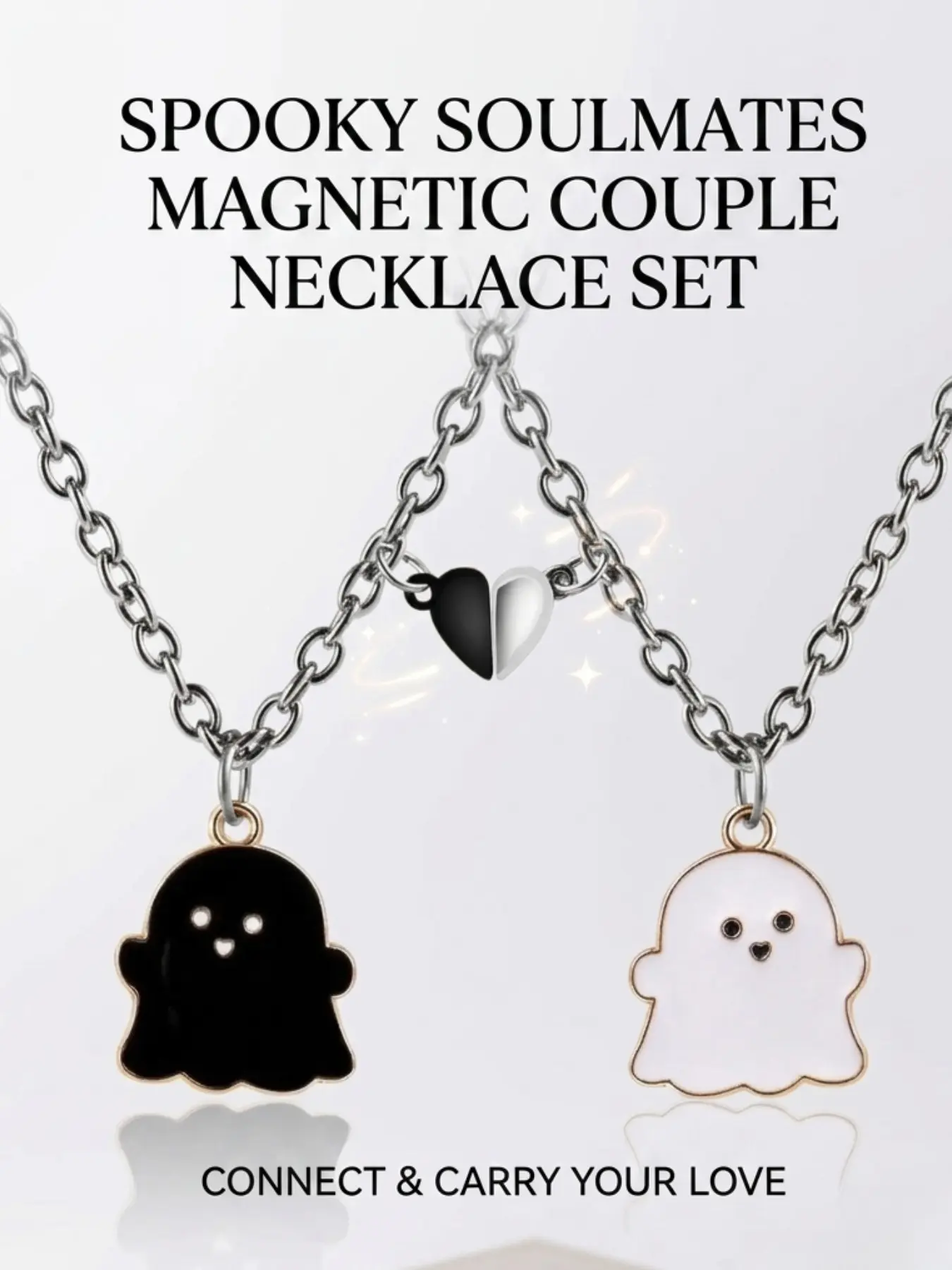 2Pcs Lovely Magnetic Love Heart Ghost Pendant Necklace Set Charms Necklace for Women Men Best Friend Enamel Mutual Attract Magnet Couple Fashion Matching Necklace Halloween Jewelry Birthday Gift