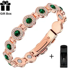 Rose Gold Magnetic Bracelet with Green Crystals & Zircon Accents Adjustable Clasp for Women Perfect Gift for Mother or Girlfriend Includes Gift Box and Free Adjustment Tool