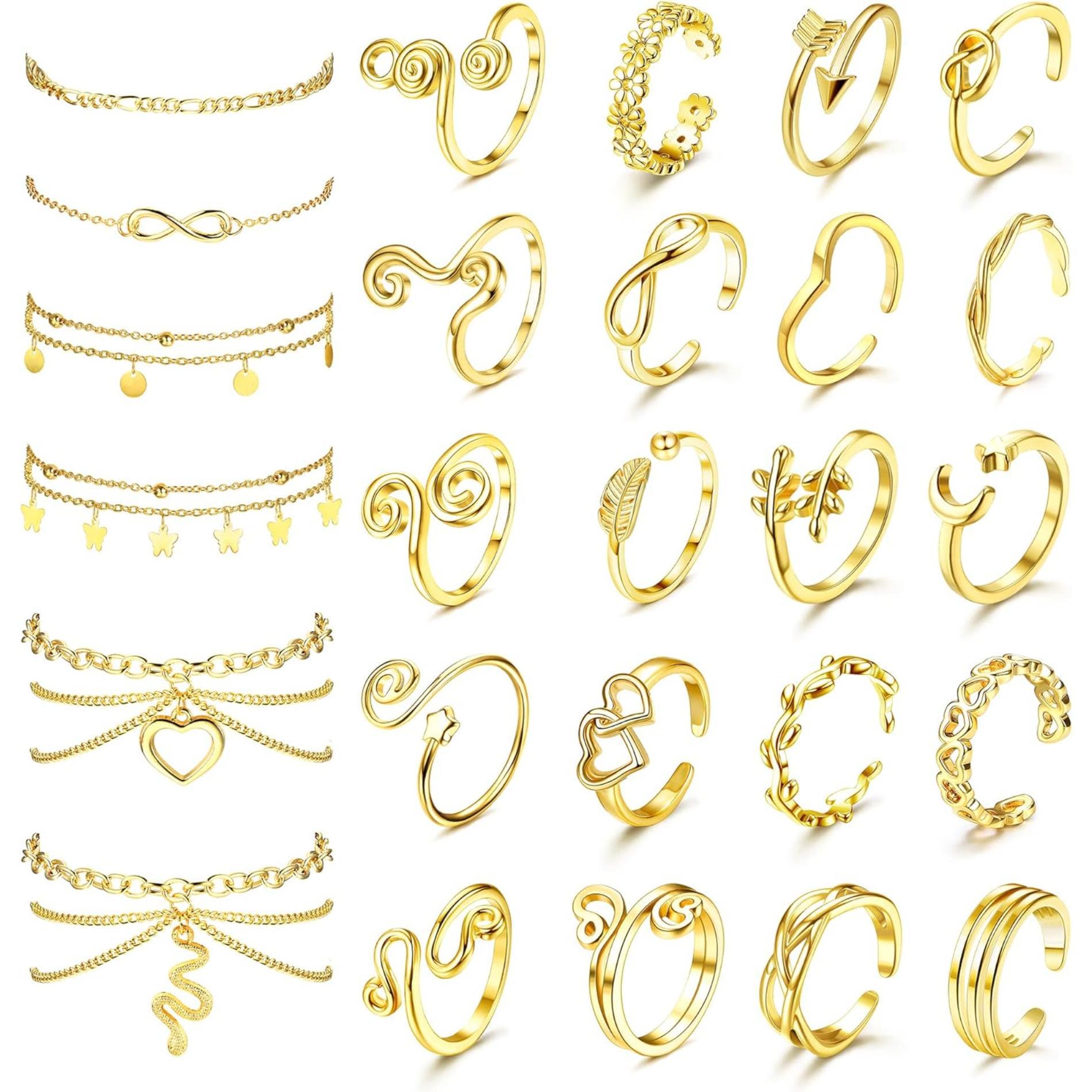 Jstyle Toe Rings and Ankle Bracelets for Women Silver Rose Plated Anklet Toe Rings Cute Layered Anklets Open Tail Rings Adjustable Beach Foot Jewelry for Summer Daily