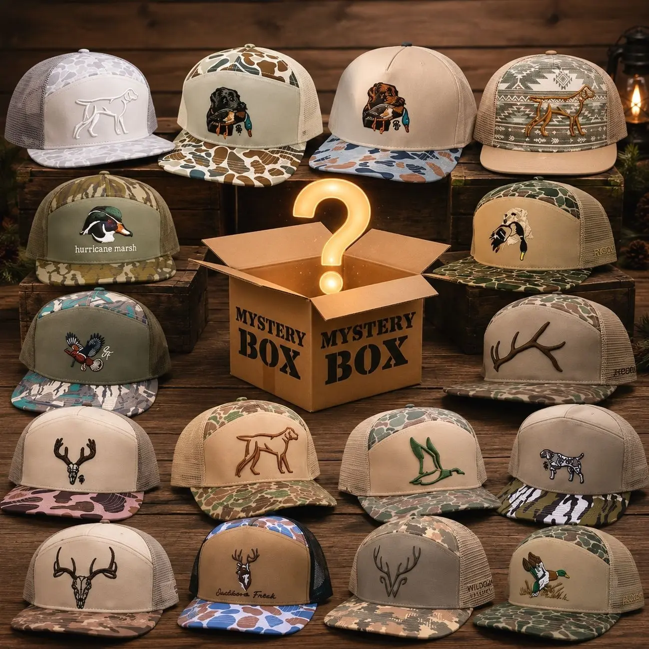Mystery Hat Box Random hat Sent Duck Hunting, Deer Skull, Antler Southern Marsh Fieldstone Bottomland Camo Azteca Snapback Mesh Unisex Camo Trucker Hat