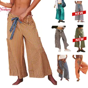 YeoKou Women  Drawstring Striped Pants Loose Wide Leg Lounge Pants Casual Palazzo Pants Trousers with Pockets Bottom Oversize