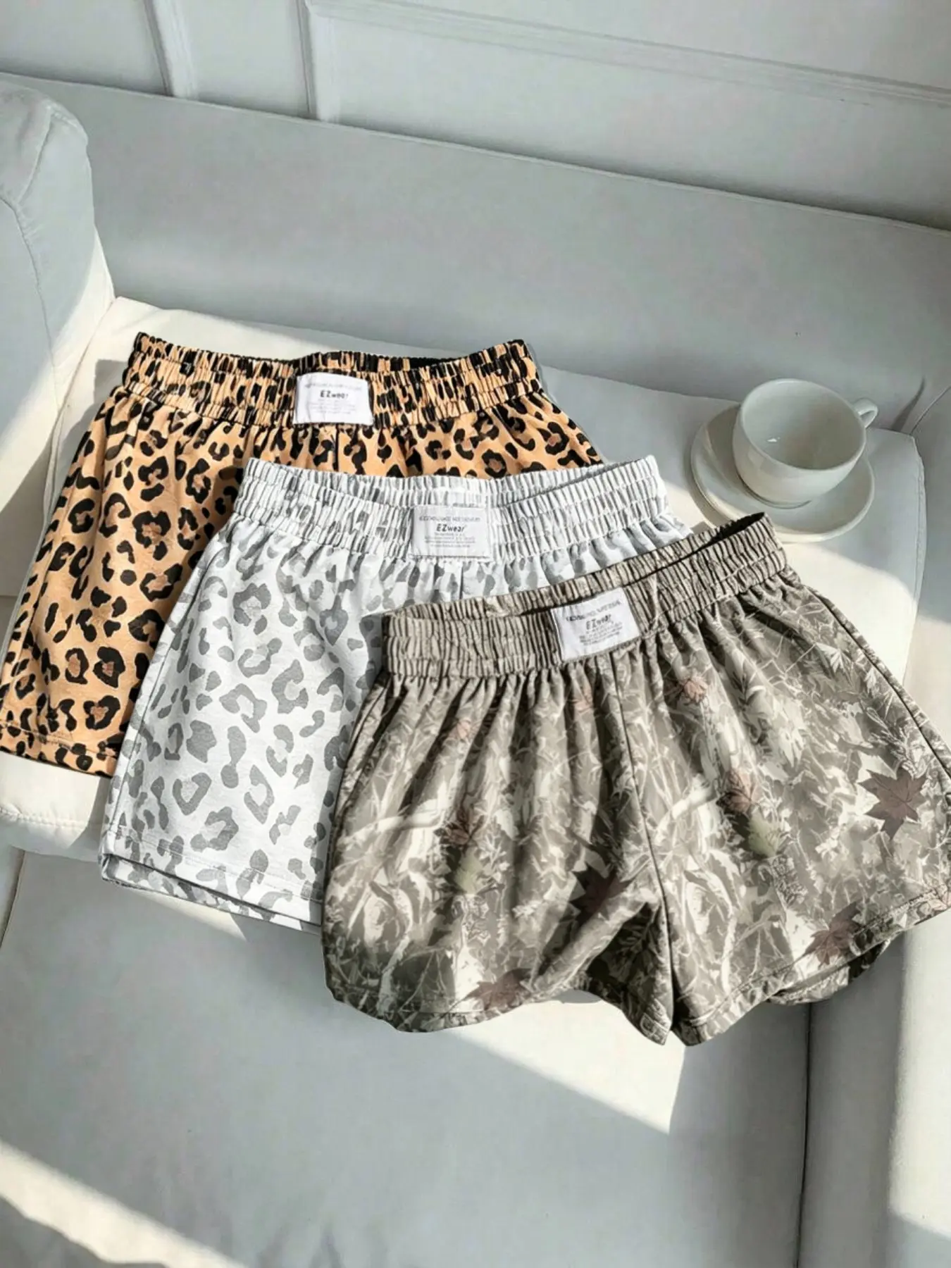 3 pieces, Y2K Millennium style withered tree branches camouflage, leopard print, checkerboard, Plaid printed casual shorts, elastic waist loose casual shorts, suitable for women's daily commuting and outdoor wear in summer