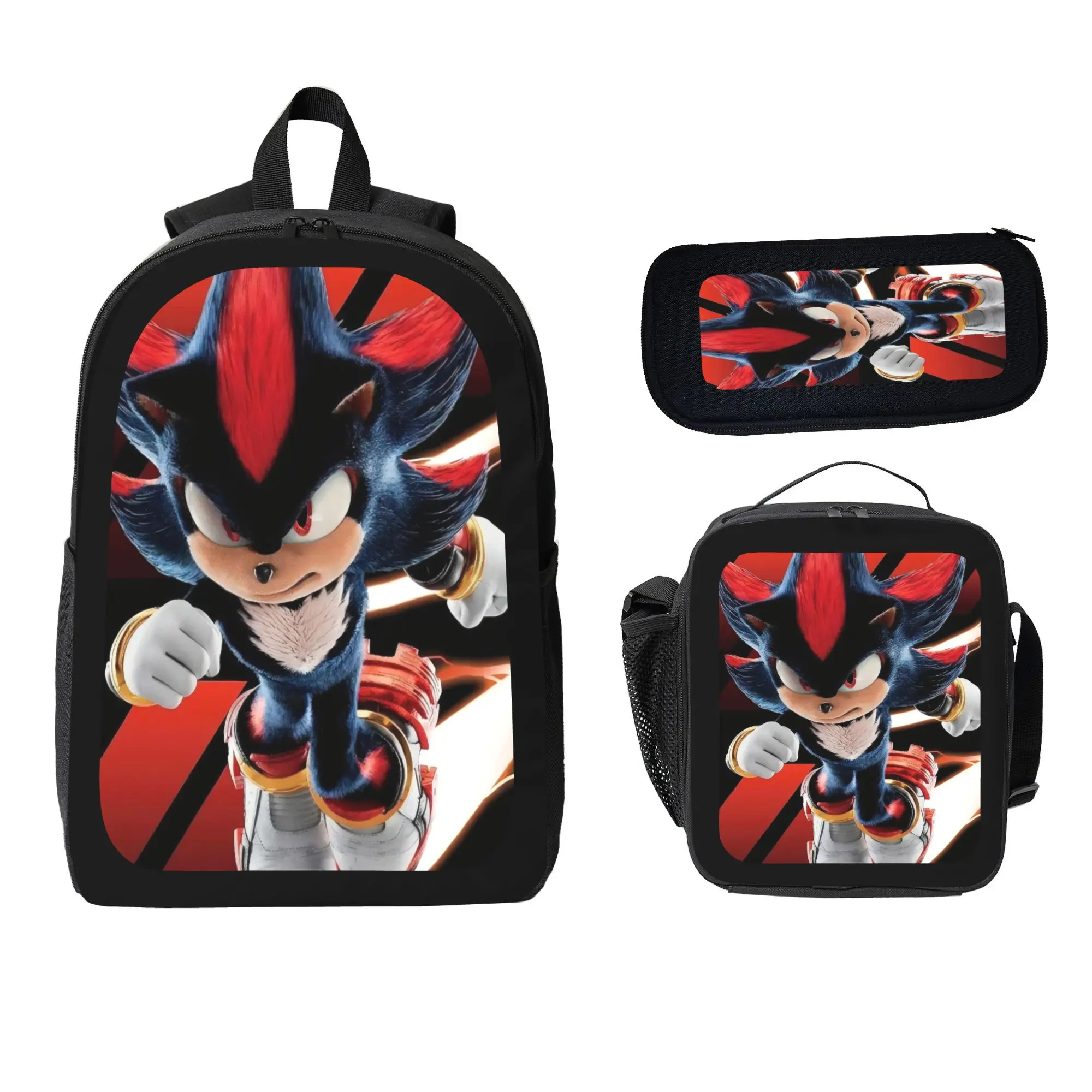 Unisex 3-in-1 Lightweight School Backpack Bookbag with Lunch Bag, Dark Cartoon Hedgehog Design, All Seasons Student Gym Bag for Teens, 16" Laptop Compatibility, Casual Outings