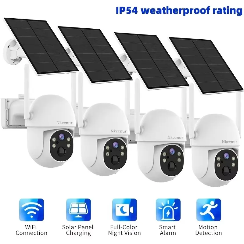 NKCCNUR 4pcs Outdoor Waterproof Solar Powered Camera, WiFi Connection, HD Resolution, Pan-Tilt Rotation, AI Smart Motion Detection, Sound & Light Alarm, Two-Way Audio, IP54 Waterproof, Ideal for Home & Farm Use