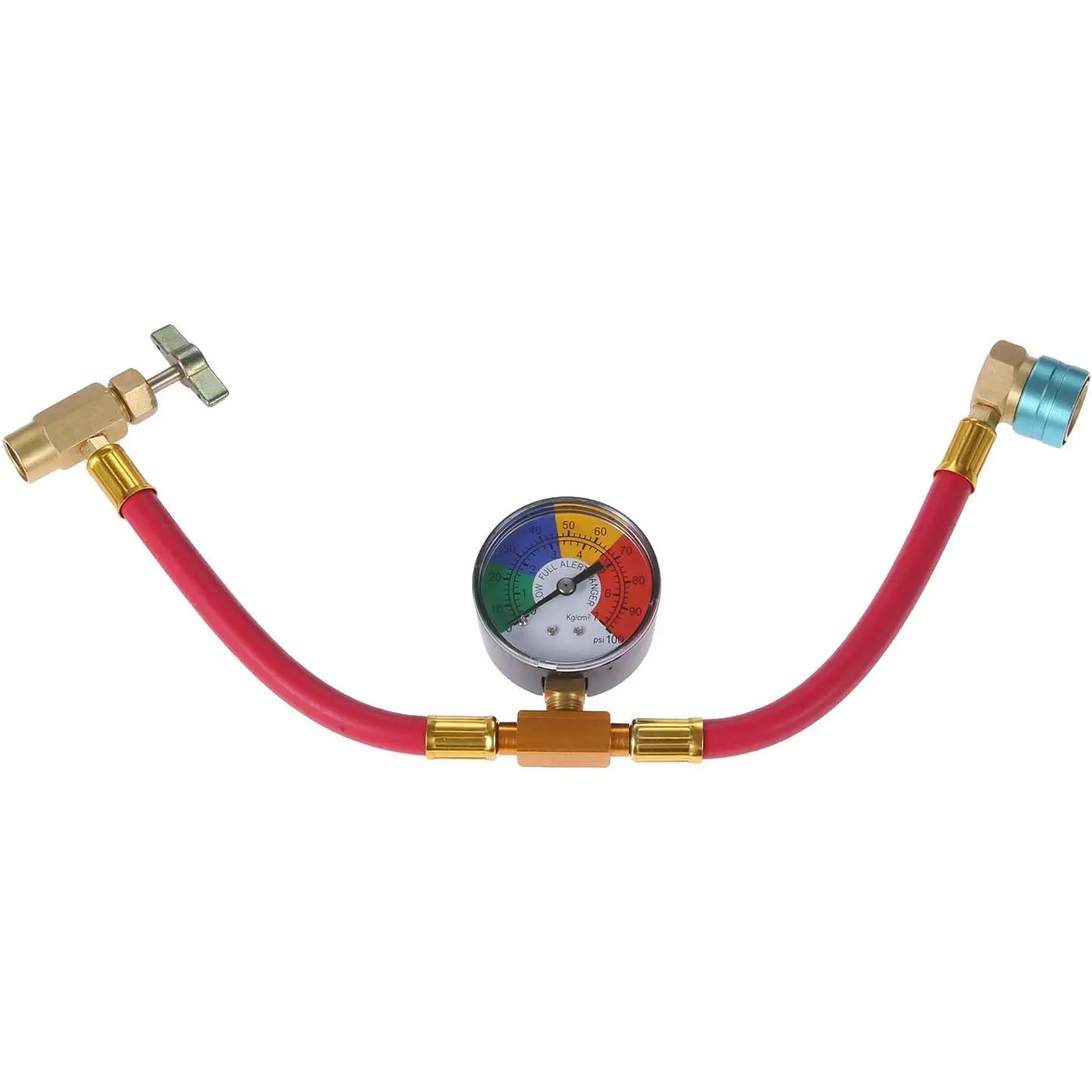 R1234YF Refrigerant Charge Hose Kit with Gauge for AC System Usage, 1/2'' Acme Left-Hand Self-Sealing Can Opener Tap, 14mm Low Side Quick Coupler, 40cm/15.75inch Charging Pipe, 5cm Component, 600~3000psi Capacity, Built-In Safety Valve, Energy-Saving, 100