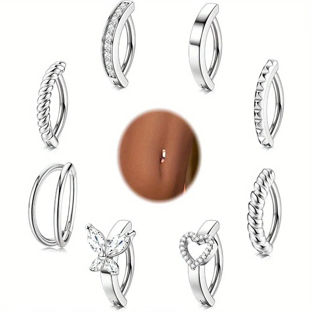 8Pcs Belly Button Ring Surgical Steel Belly Rings for Women CZ Heart Butterfly Belly Button Piercing Simple Reverse Navel Barbell Rings Body Piercing Jewelry