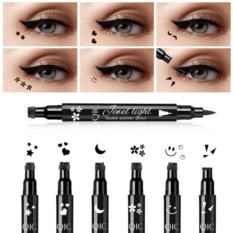 QIC Double-Ended Graphic Eyeliner Pen & Stamp, Waterproof Liquid Eyeliner with Star, Heart & Moon Patterns, Quick-Drying Non-Smudging Eye Makeup, Whimsical Eyeliner