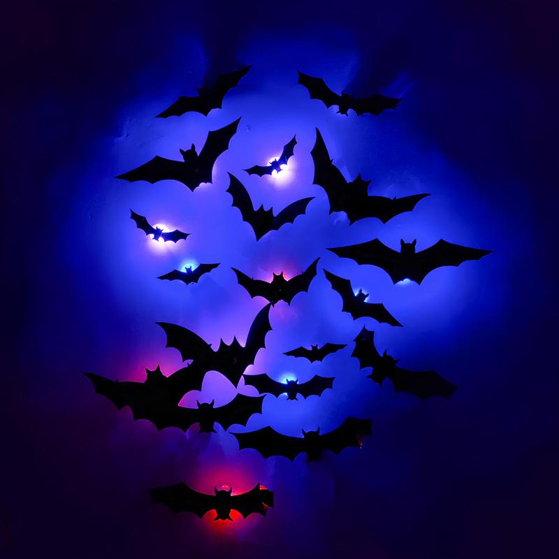 Halloween 3D Lighted Bats, 2025 New 3D Led Bats Lighted Stickers Decor Light - Hanging Wall Luminous Glow Clings for Home Bar Halloween Party (Bats-12pcs)
