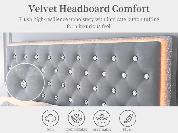 Sibeds Queen Size Bed Frame with Storage Shelf, Storage Drawers and LED Lights, Upholstered Platform Bed with Adjustable Headboard and PU Velvet, No Box Spring Needed, Noise-Free, Easy Assembly