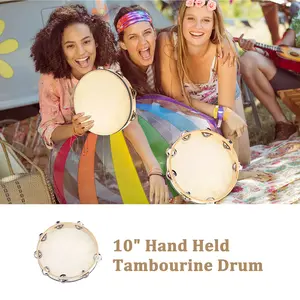 10" Hand Held Tambourine Drum Bell Birch Metal Jingles Percussion Musical Educational Instrument for KTV Party Kids Games