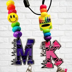 Personalized Crayon Teacher Lanyard – Custom Initial Acrylic Badge Holder With Colorful Beads