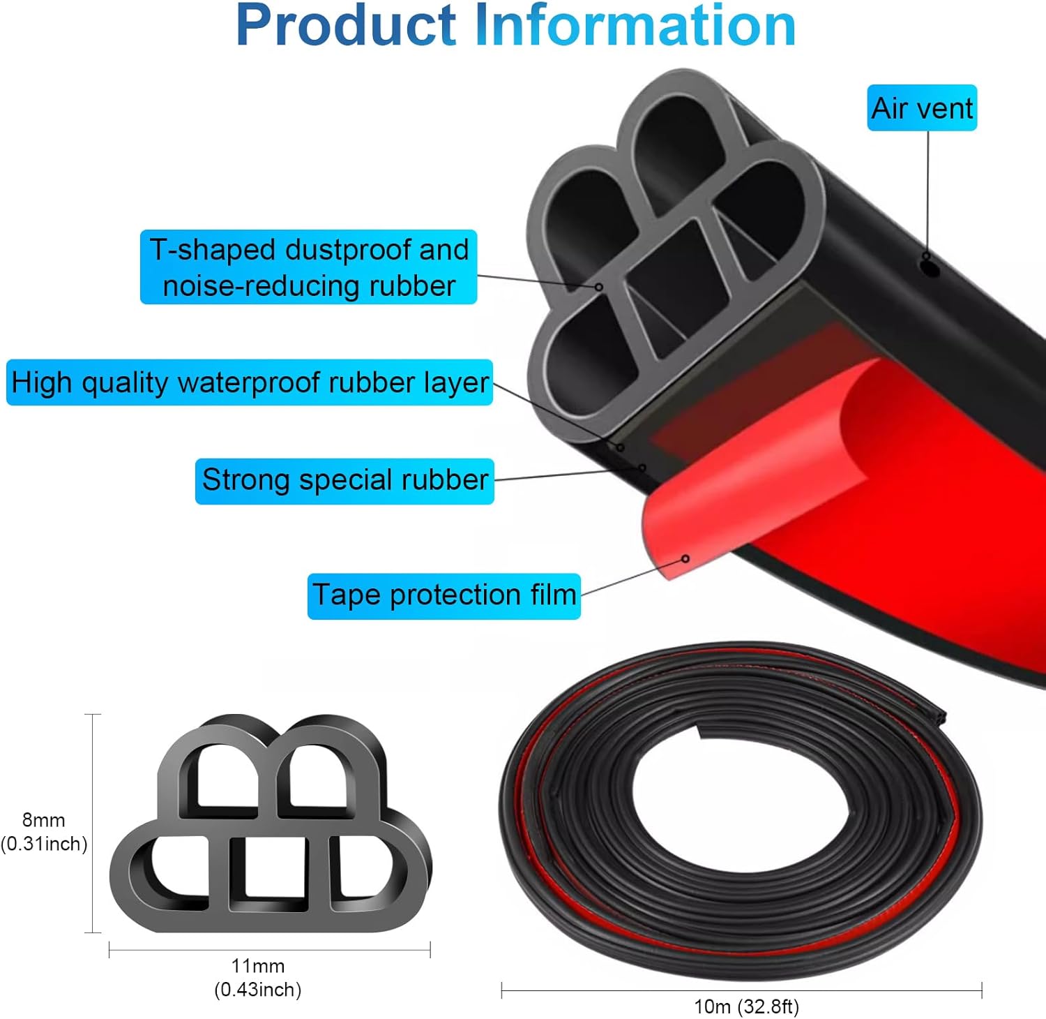52.5Ft Car Door Seal,Thickened Rubber Automotive Weather Stripping for Hoods,Trunks,Windows,Universal Soundproof Car Weather Stripping Car Accessories for Most Car,Truck,SUV