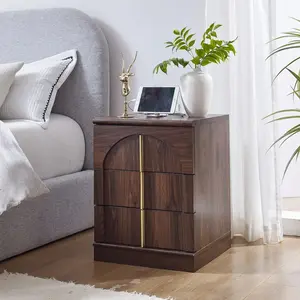 LINGMU Modern Curved Nightstand with 4-in-1 Charging Station 3-Drawer Wooden Bedside Storage Cabinet for Bedroom & Living Room in Oak Finish