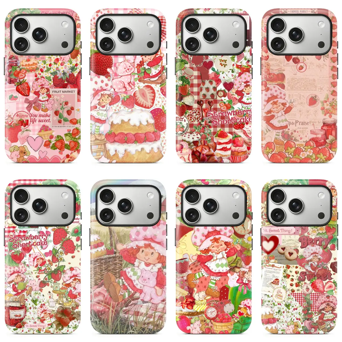 Aesthetic Cartoon Strawberry Shortcake Collage TPU Cellphone Case, Protective Cover & Casing for iPhone 17/16/15/14/13/12/11-Pro/Max/Plus - Durable, Lightweight Slim Shockproof, Vibrant UV Print Accessory with Camera Protection