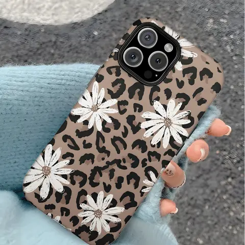 Leopard Print Daisy 2-in-1 Glossy Polycarbonate Protective Phone Case - Durable, Shockproof Smartphone/Cellphone Cover for iPhone 12-18 PRO MAX,11,X,Samsung & Handheld Devices, Customized Contemporary Art Phone Accessories, Holiday Gift