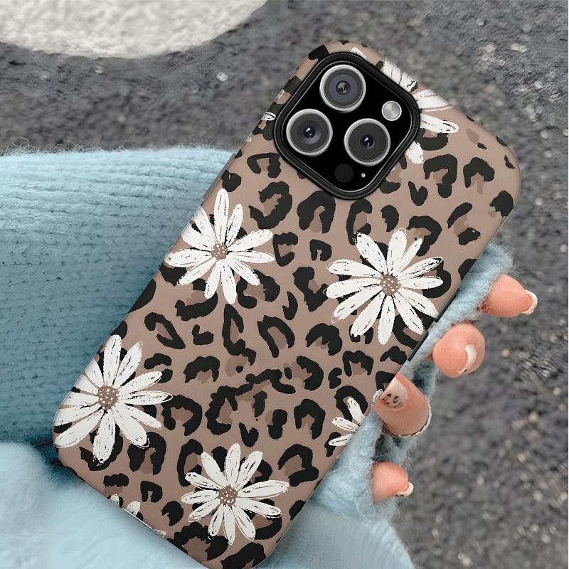 Leopard print daisy pattern, durable and shock-absorbing glossy 2-in-1 phone case, suitable for iPhone 17 16 15 14 13 12 11 X, Samsung and other series models, can be given as a holiday gift to friends or home