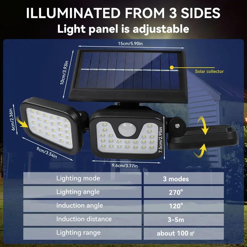 2500LM Motion Sensor Solar Outdoor Lights 210LED 3 Heads IP65 Waterproof 270° Wide Angle 3 Modes