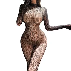 Women's Lavender Long Sleeve Fishnet Bodystocking - Sheer Mesh One Piece Nightwear Stretchy Full Sleeve Nightwear Jumpsuit