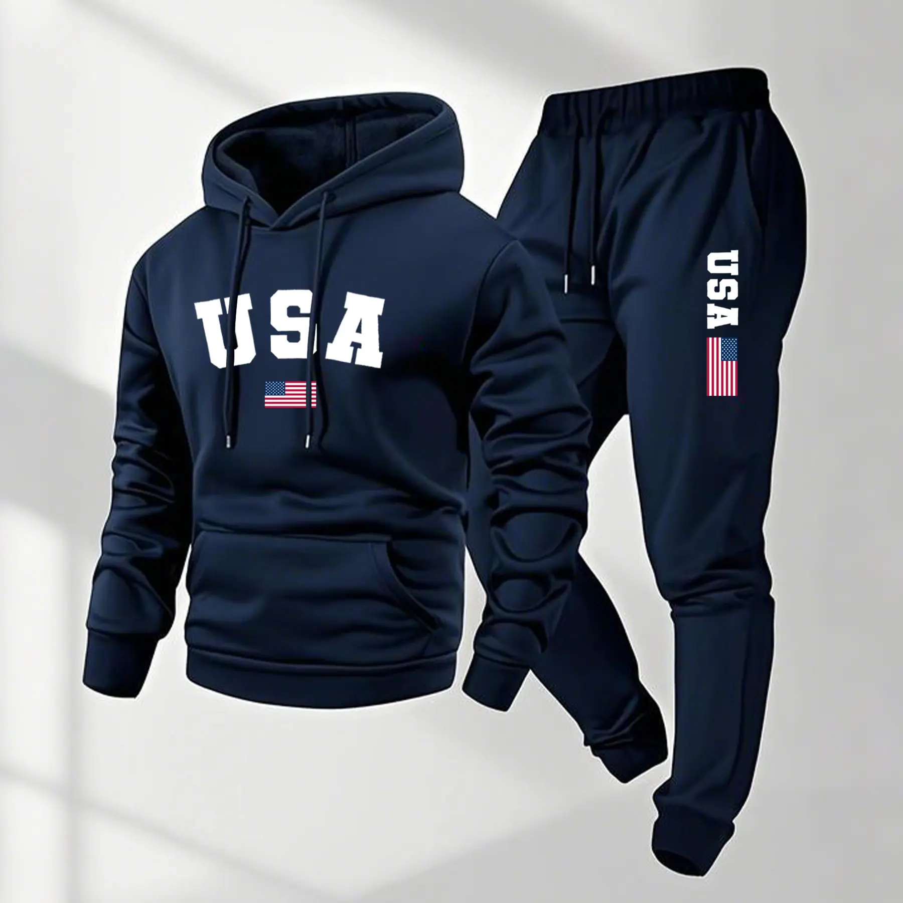 Men's 2-Piece Casual Athleisure Sweat Suits - Loose-Fit Polyester Hoodie with USA Letter Print, Drawstring Waist Long Sleeve Sweatpants, Minimalist Sporty Chic, Machine Wash, Sport to Lounge, All Seasons, 2XL Menswear
