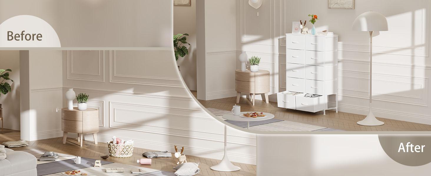 Tall Drawer Organizer Storage Drawers Fabric Storage Tower with 10 Drawers, with Fabric Bin, Wood Top for Bedroom, Closet