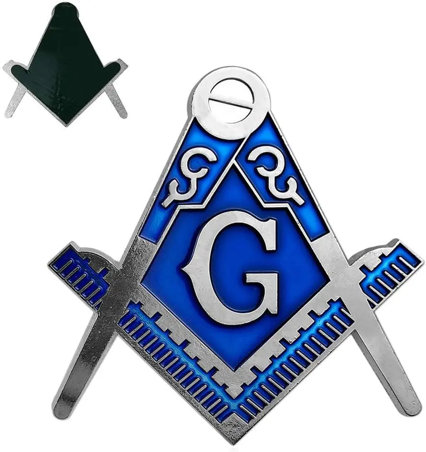 3 in Tall Silver-Blue Cut-Out Freemason Masons Symbol Masonic Square & Compass Stick-On Car Exterior Emblem, Decorative Auto Accessory Sticker