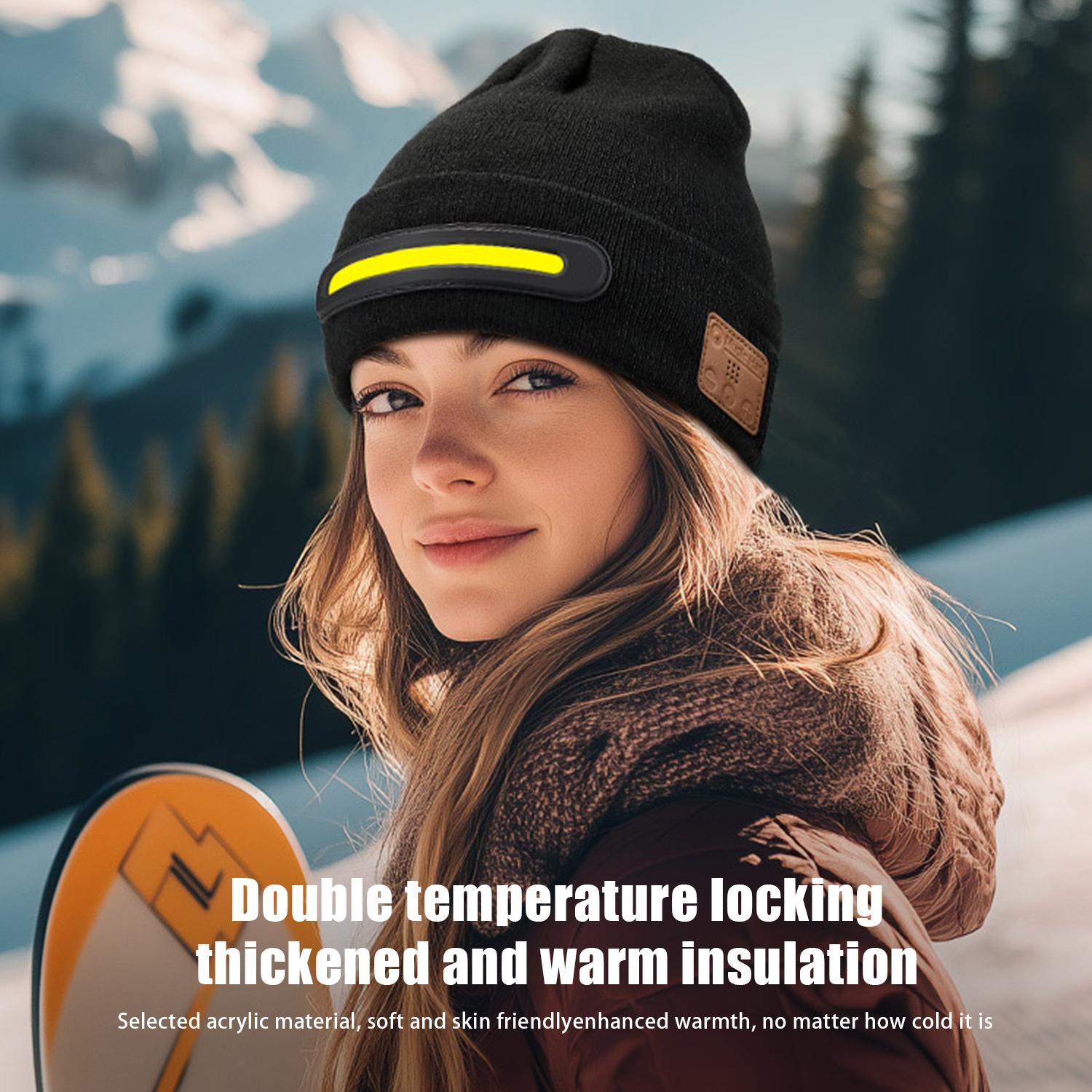 Bluetooth Beanie with a Light, Unisex USB Rechargeable 4 LED Fashlight Hat with Cordless Headphones, Unique Christmas Gifts - Black