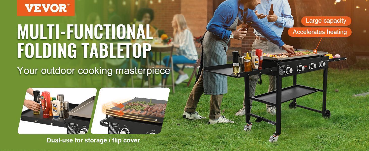 VEVOR Commercial Griddle on Cart, 22" Heavy Duty Manual Flat Top Griddle, Outdoor Cooking Station with Side Shelves, Steel LPG Gas Griddle, 4-Burners Restaurant Portable Grill - 60,000 BTU