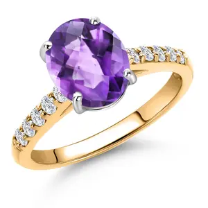 Gem Stone King 10K Two Tone Gold Gemstone Birthstone and White Lab Grown Diamond Accent Engagement Ring For Women | Oval 9X7MM and Round 1.7MM | Wedding Anniversary Promise Ring | Sizes 5, 6, 7, 8, 9