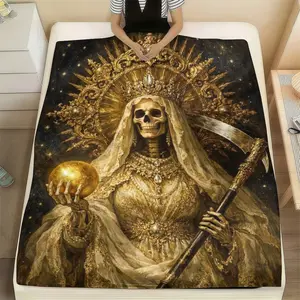 Santa Muerte Throw Blanket - Golden Halo & Scythe Design, Our Lady of the Holy Death Soft Flannel Blanket for Gothic Home Decor & Spiritual Protection