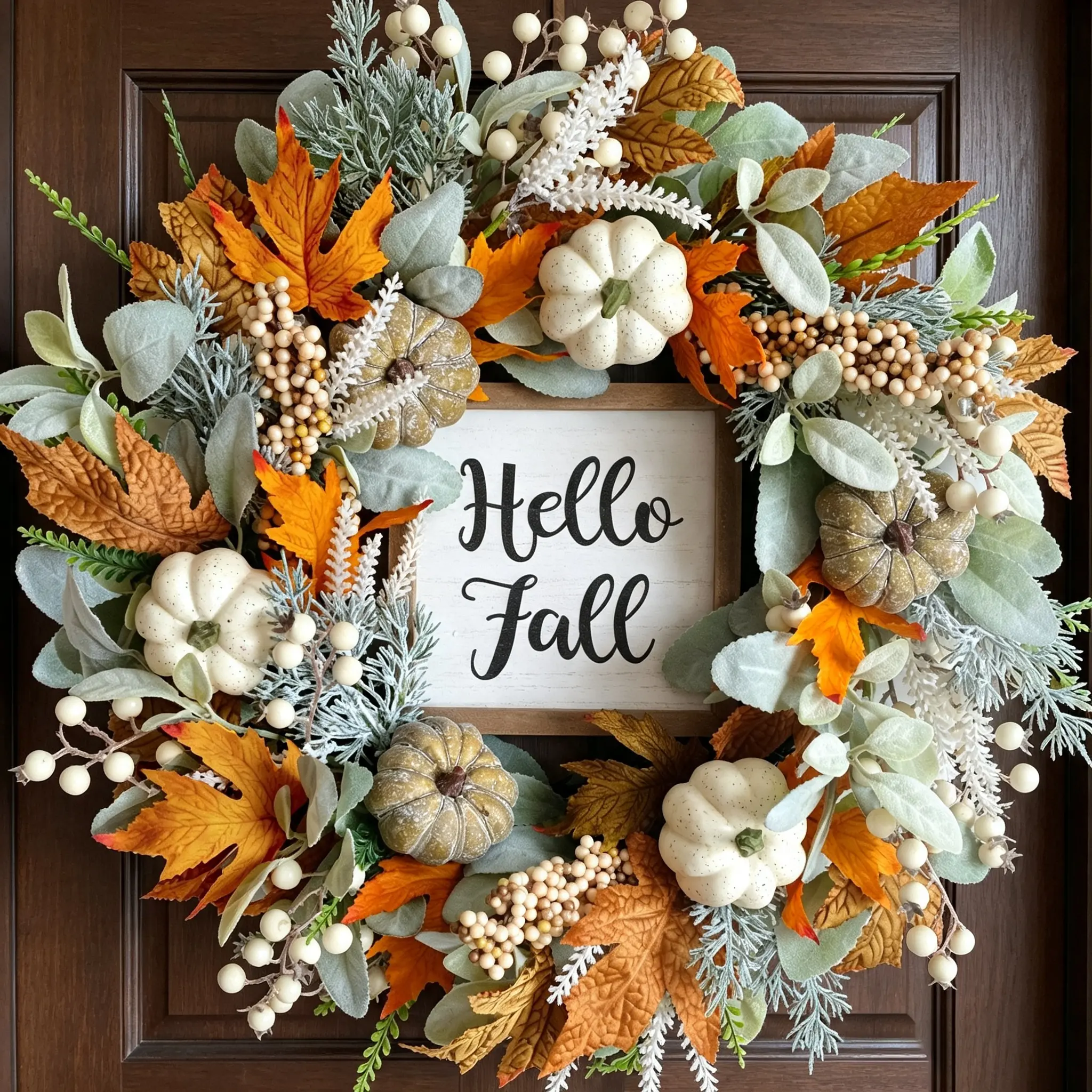 CIR OASES 20in Silk Thanksgiving Fall Wreath with Eucalyptus, Berries, Pumpkins, Lamb Ears Leaves, Wood Accents - Indoor Outdoor Home Decor for Front Door, Wall Hanging, Kid Room Festive Gift