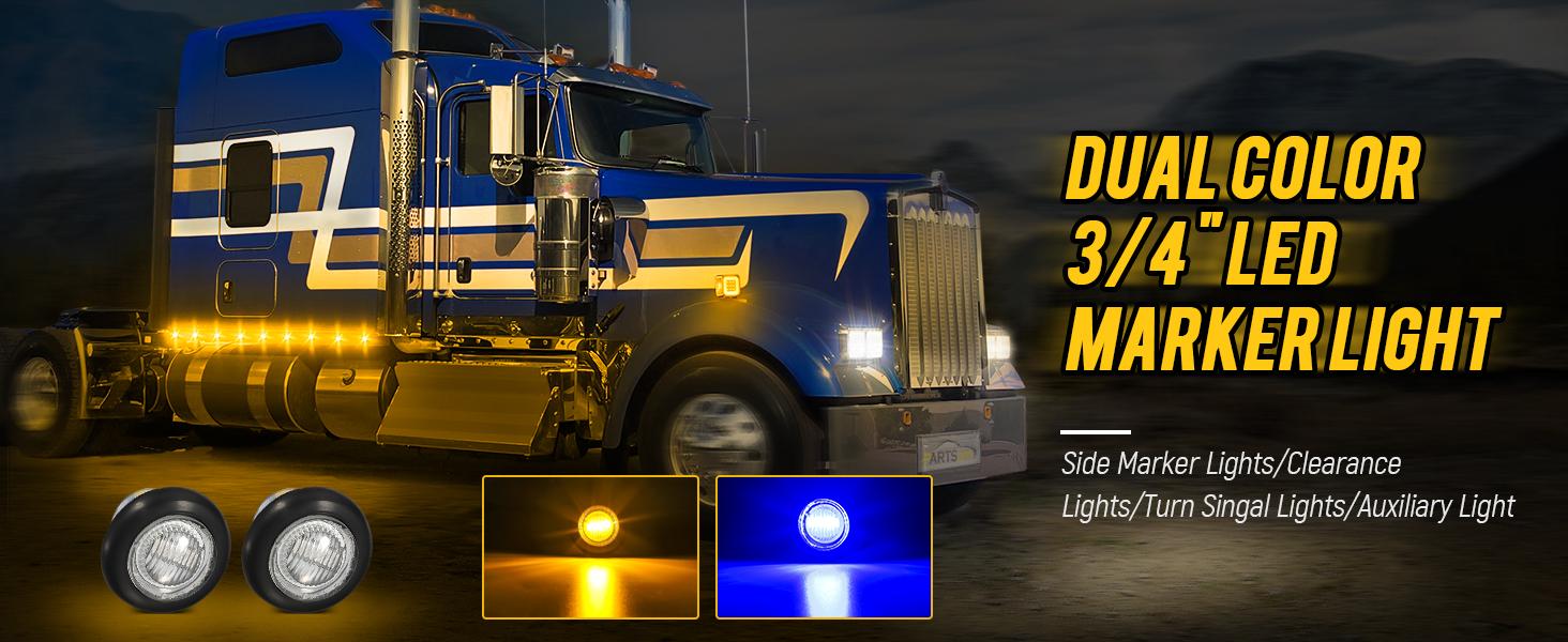 Partsam Dual Color 3/4" Round LED Marker Light for Car Trucks Jeep - Amber & Blue, Pack of 10
