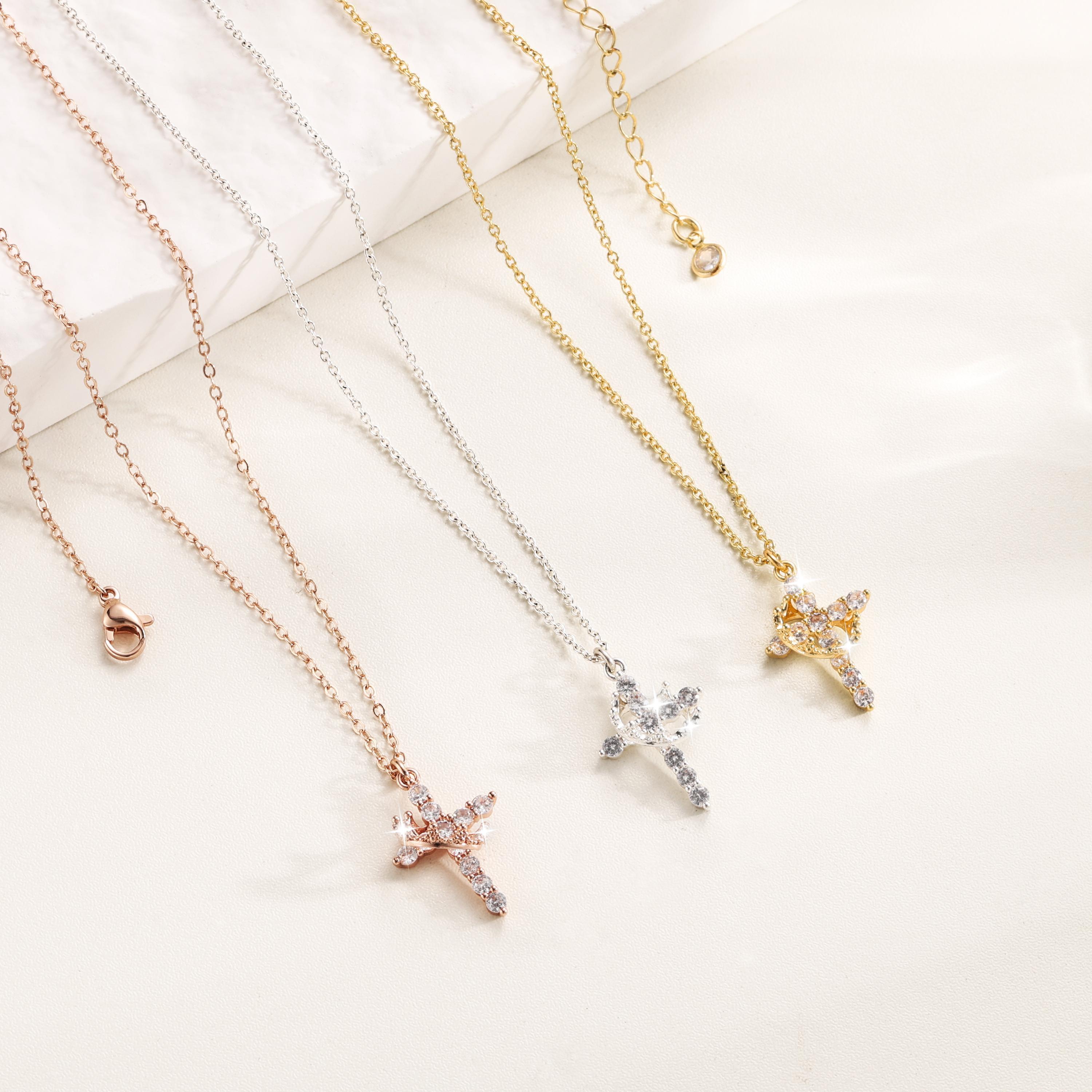 Tewiky Crown Cross Pendant Choker Necklace & Earring Set,Pretty Crown Cross Necklace & Earring For Daily Clothing Decor Trendy All-match & Exquisite Jewelry Perfect for Any Occasion and Ideal Gift