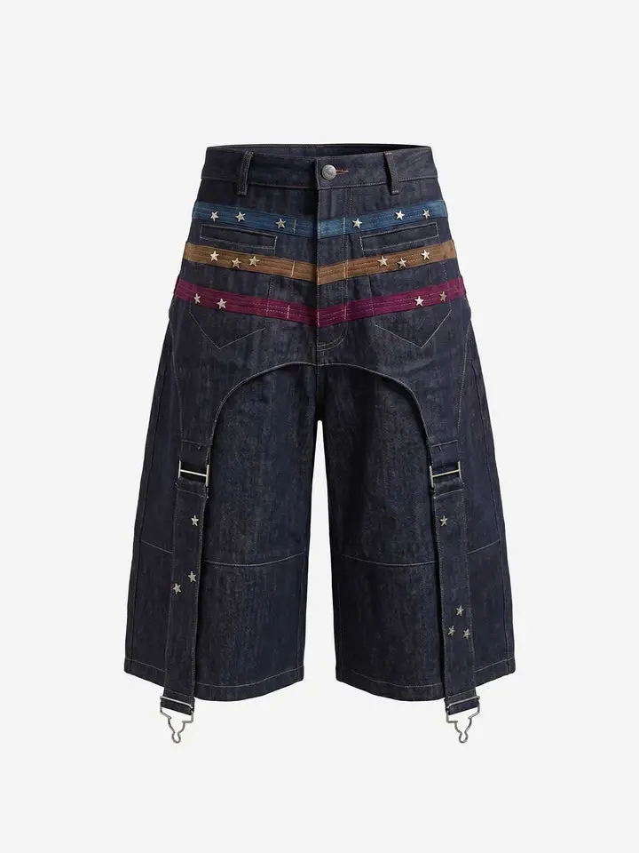 Thesupermade Vintage Star Studded Panel Wide-Leg Denim Shorts | Embroidered Cargo High-Waist Streetwear Short Men Women
